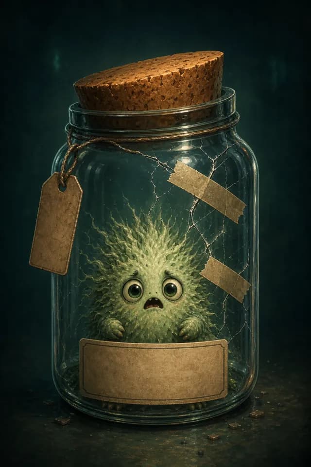 Burr the specimen in a cracked, taped jar, looking worried — the read after a hard night.